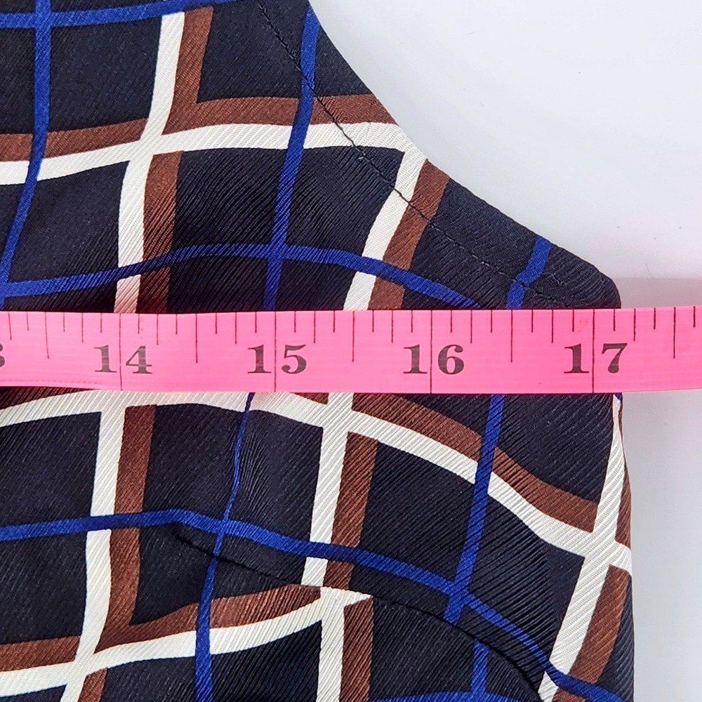 J.Crew Silk Sleeveless Tie Neck Top Womens 2 Plaid Navy Blue Brown Windowpane - Picture 5 of 7